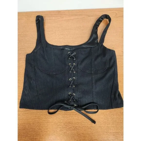 Forever 21 large black ribbed corset crop top (R) - Picture 2 of 5